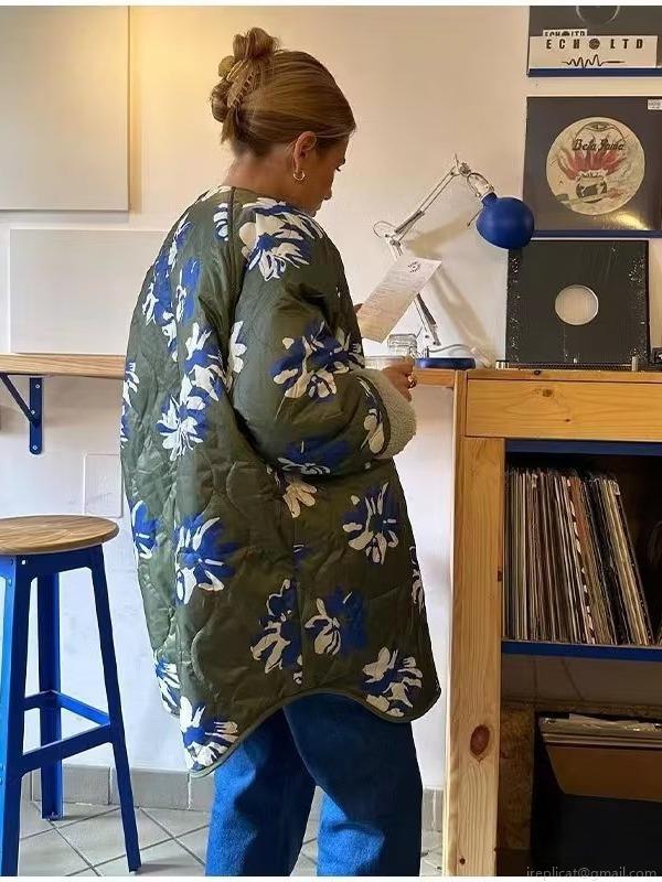 Women's Vintage Floral Print Quilted Jacket Fleece Lined Warm Cotton Padded Coat Casual Streetwear Long Sleeve Single Breasted Outwear For Ladies