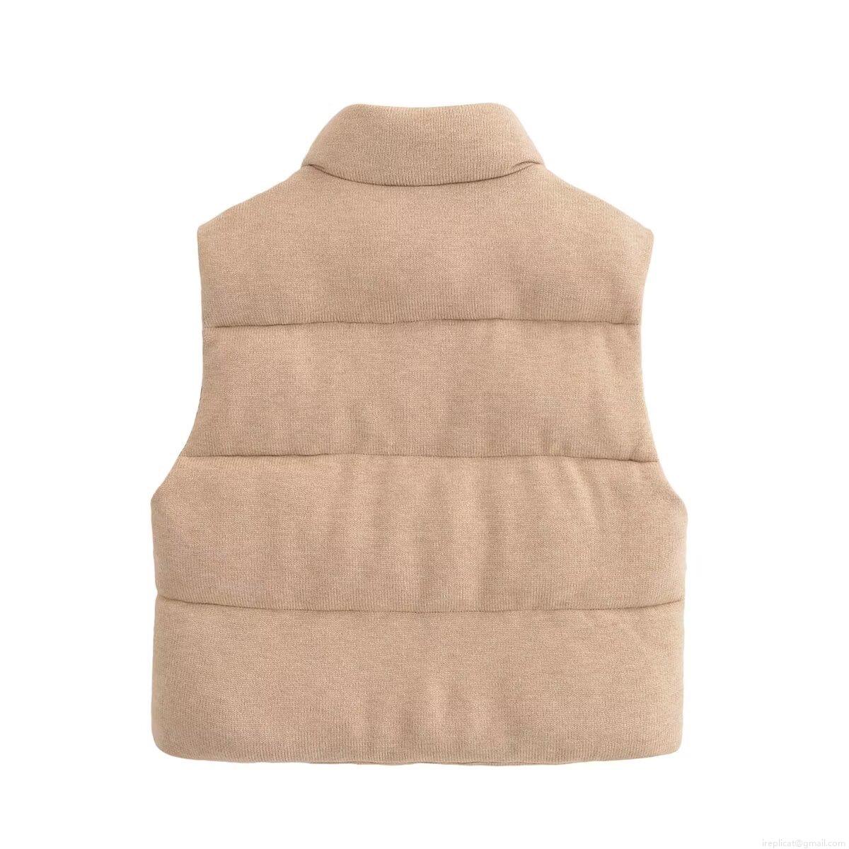 Women's Winter Knitted Puffer Vest Stand Collar Sleeveless Zip Up Padded Jacket Solid Color Warm Casual Quilted Waistcoat Outwear Beige