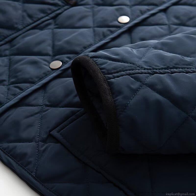 Women Navy Blue Diamond Quilted Jacket Contrast Corduroy Lapel Single Breasted Padded Coat With Pockets Casual Winter Streetwear Outwear For Women