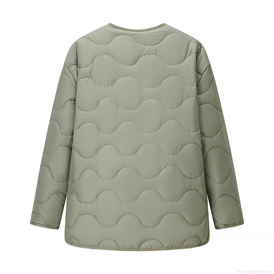 Women's Winter European Street Style Round Neck Long Sleeve Wave Quilted Jacket Lightweight Padded Cotton Coat With Buttons Solid Sage Green Casual Outerwear