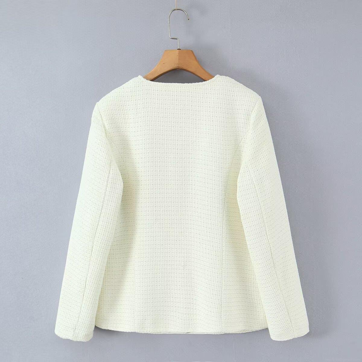 Women's Elegant Creamy White Tweed Jacket Padded Cotton Coat With Pearl Buttons Round Neck Long Sleeve Winter Outerwear Quilted Lining Warm Puffer Jacket For Women
