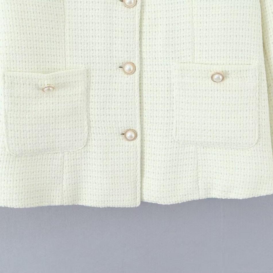 Women's Elegant Creamy White Tweed Jacket Padded Cotton Coat With Pearl Buttons Round Neck Long Sleeve Winter Outerwear Quilted Lining Warm Puffer Jacket For Women