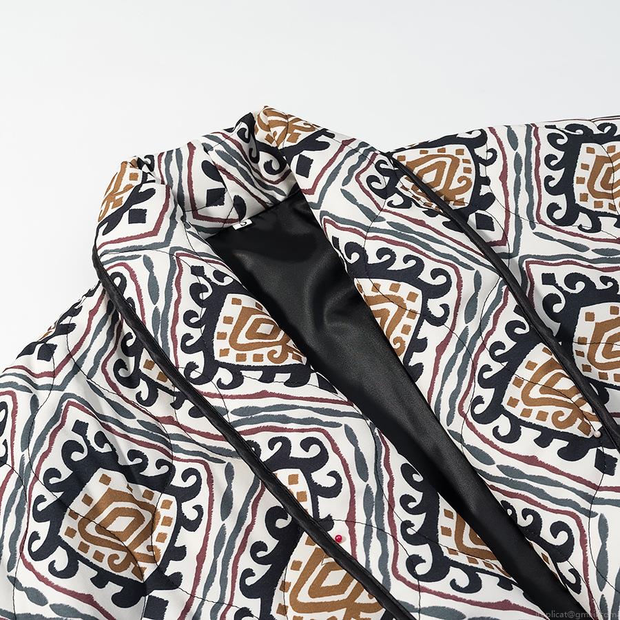 Ethnic Geometric Print Quilted Jacket With Waist Tie Women's Long Sleeve V-Neck Polyester Padded Outerwear Winter Casual Warm Streetwear Coat