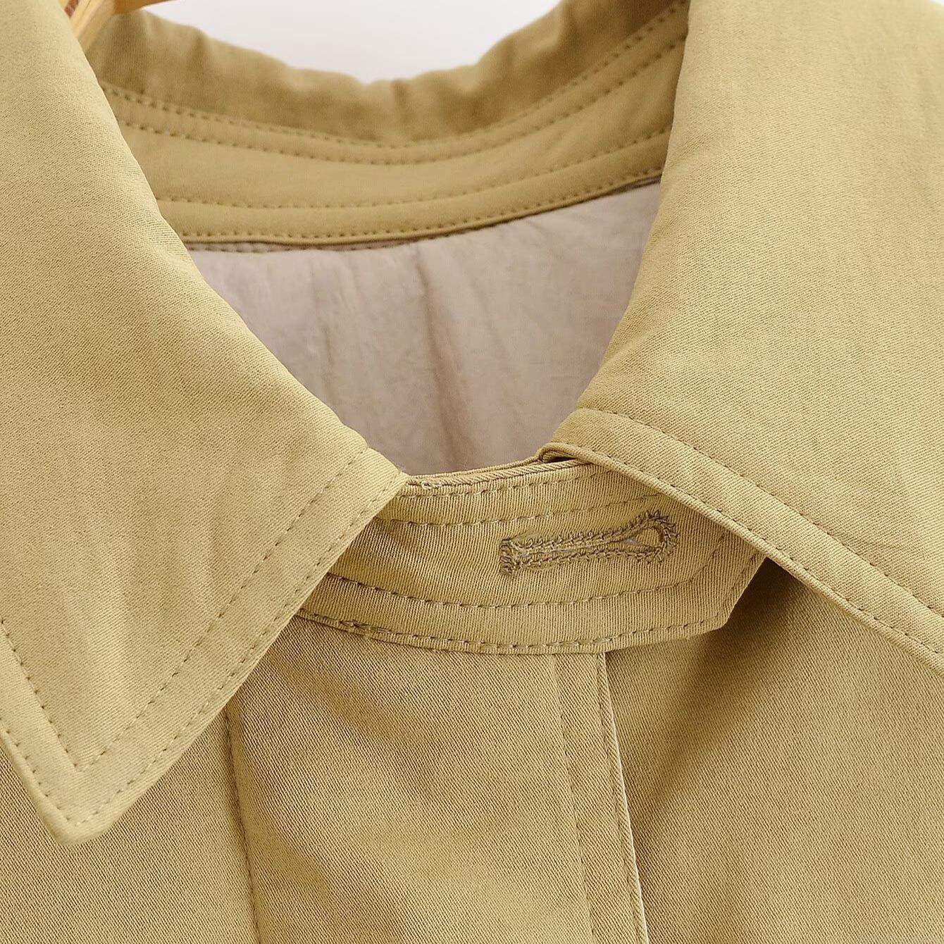Women Winter Padded Trench Coat Khaki Polyester Twill Belted Waist Slimming Outerwear Solid Color Lapel Windproof Warm Jacket For Women