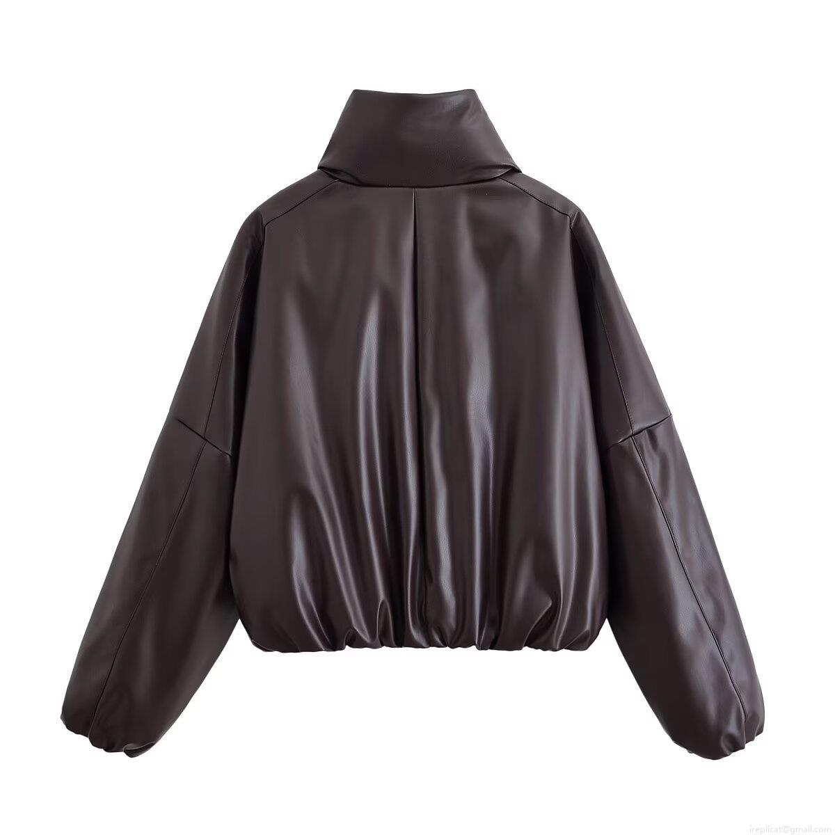 Women's Winter PU Faux Leather Puffer Jacket Large Lapel Zipper Oversized Padded Coat Warm Streetwear Casual Outerwear For Women