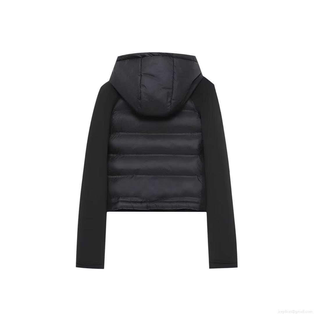 Women's Black Hooded Puffer Jacket Polyester Quilted Spliced Zipper Coat Casual Streetwear Autumn Winter Outerwear For Women Warm Long Sleeve Top