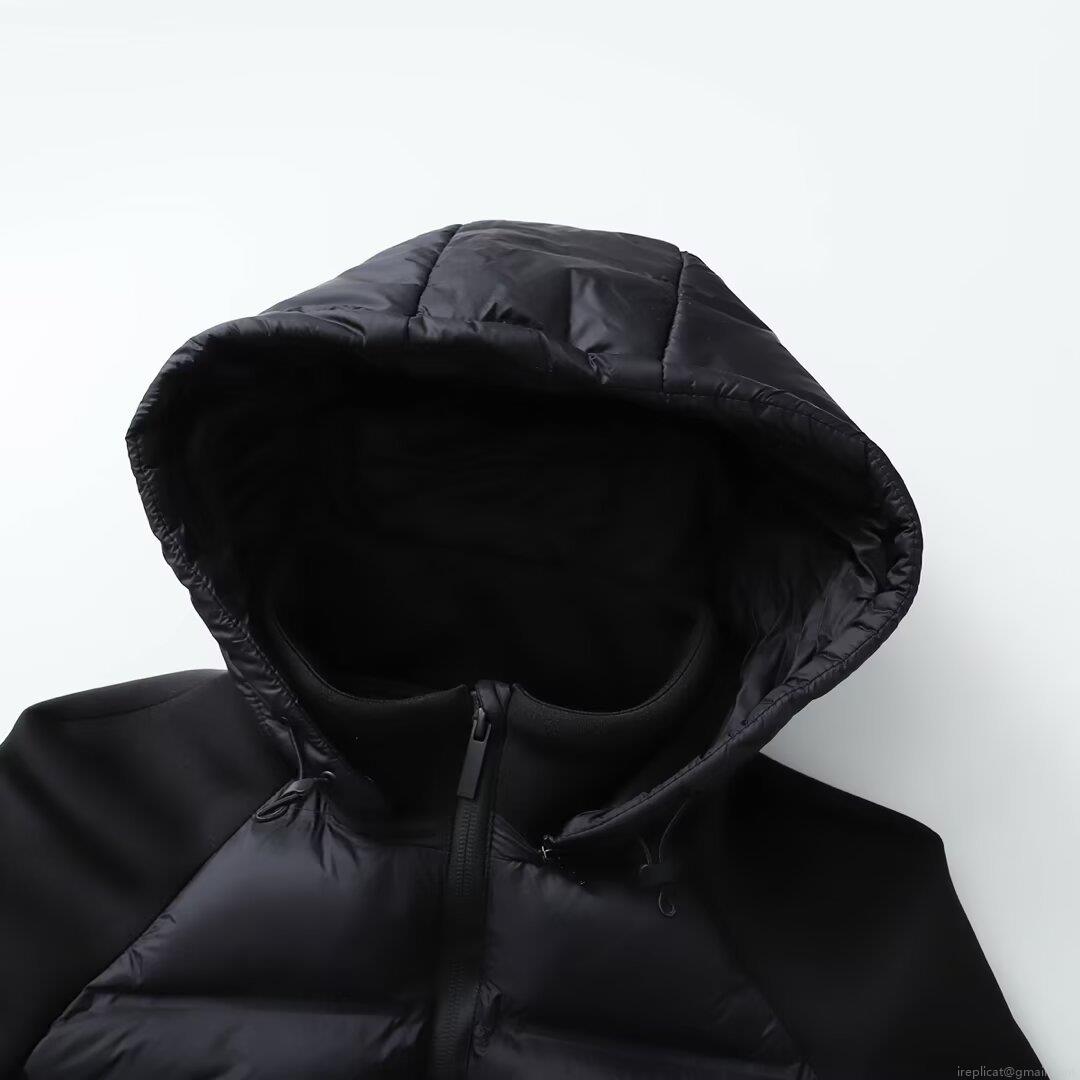 Women's Black Hooded Puffer Jacket Polyester Quilted Spliced Zipper Coat Casual Streetwear Autumn Winter Outerwear For Women Warm Long Sleeve Top