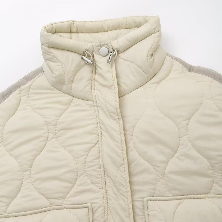 Women's Fashion Wave Quilted Puffer Jacket 100% Polyester Stand Collar Cotton Coat Long Sleeve Casual Winter Warm Windproof Beige Outerwear For Women