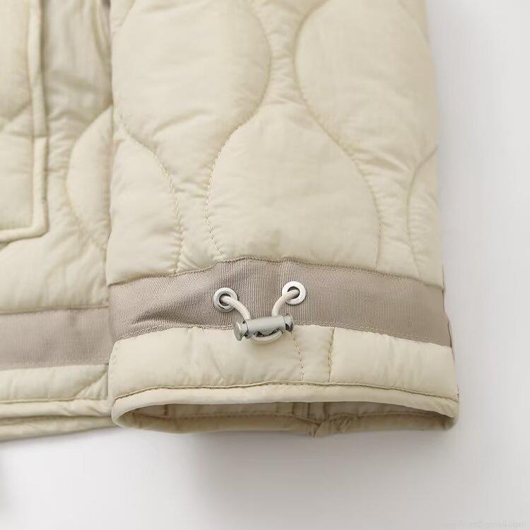 Women's Fashion Wave Quilted Puffer Jacket 100% Polyester Stand Collar Cotton Coat Long Sleeve Casual Winter Warm Windproof Beige Outerwear For Women