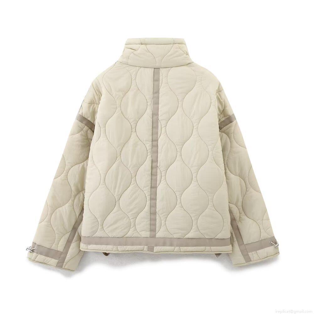 Women's Fashion Wave Quilted Puffer Jacket 100% Polyester Stand Collar Cotton Coat Long Sleeve Casual Winter Warm Windproof Beige Outerwear For Women