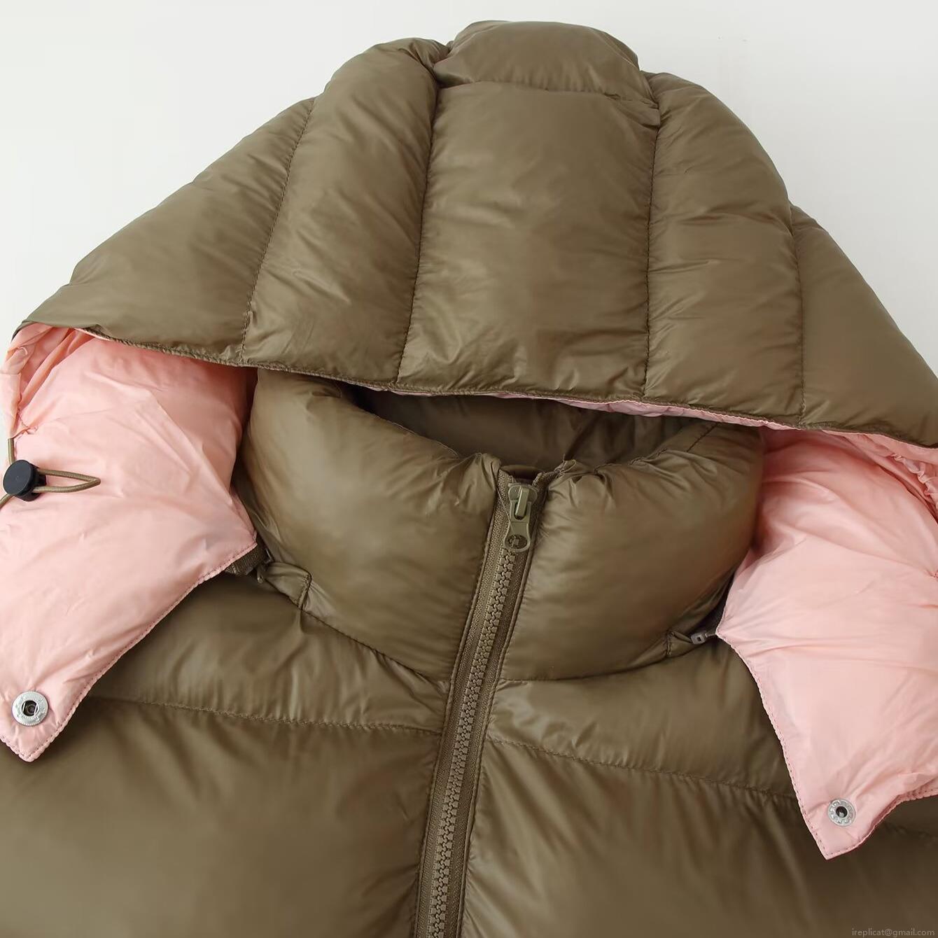Women's Hooded Puffer Jacket Warm Quilted Outerwear Contrast Color Lining Loose Fit Casual Zip-up Cotton Coat With Pockets For Women