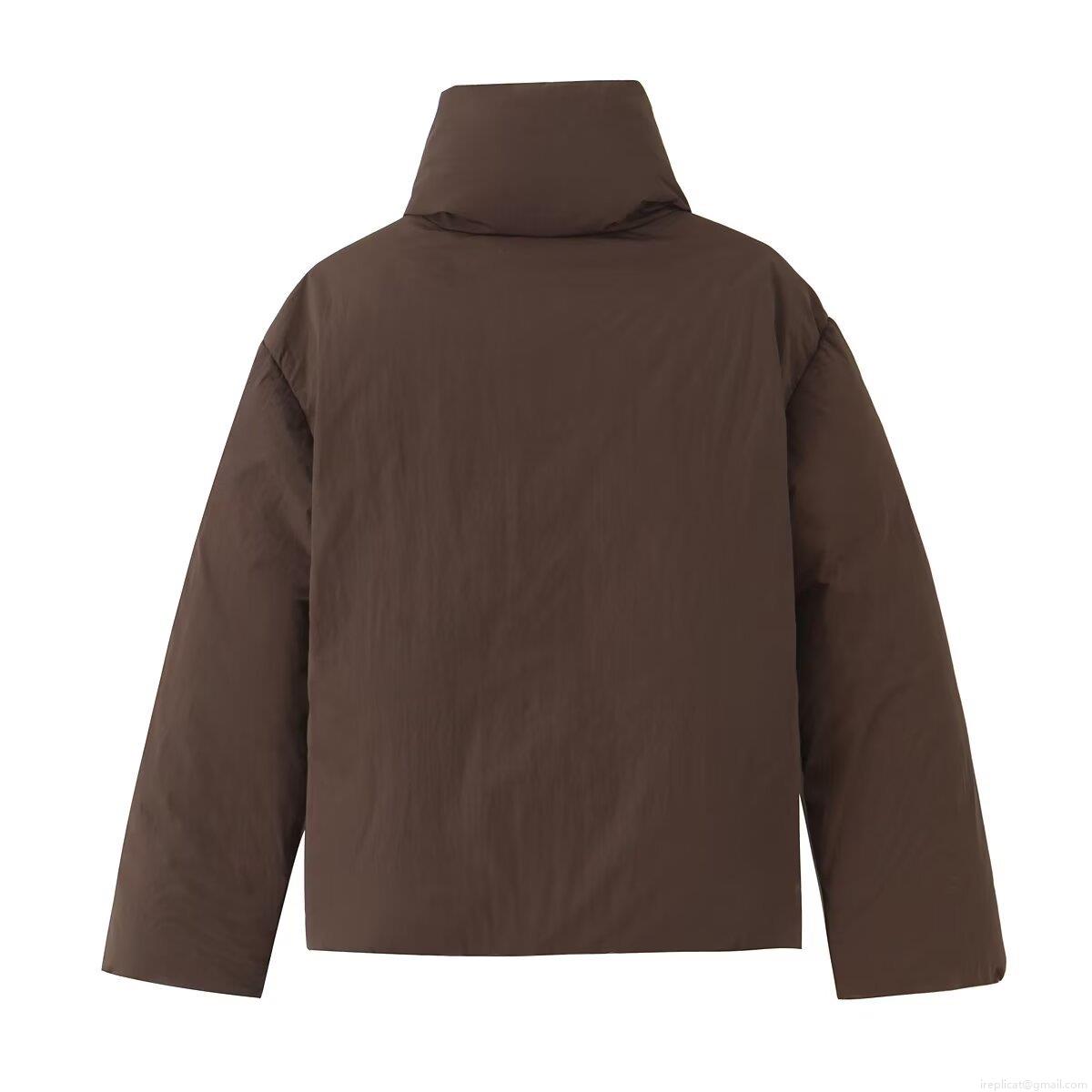 Women Short Padded Jacket Winter Warm Stand Collar Puffer Coat With Waist Tie Casual Solid Coffee Brown Long Sleeve Windproof Outerwear Jacket