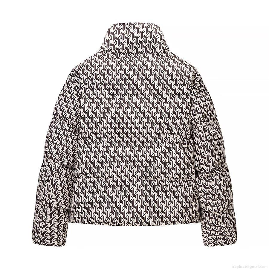 Women's Geometric Monogram Printed Puffer Jacket Stand Collar Loose Fit Winter Warm Padded Coat With Pockets Casual Chic Outerwear