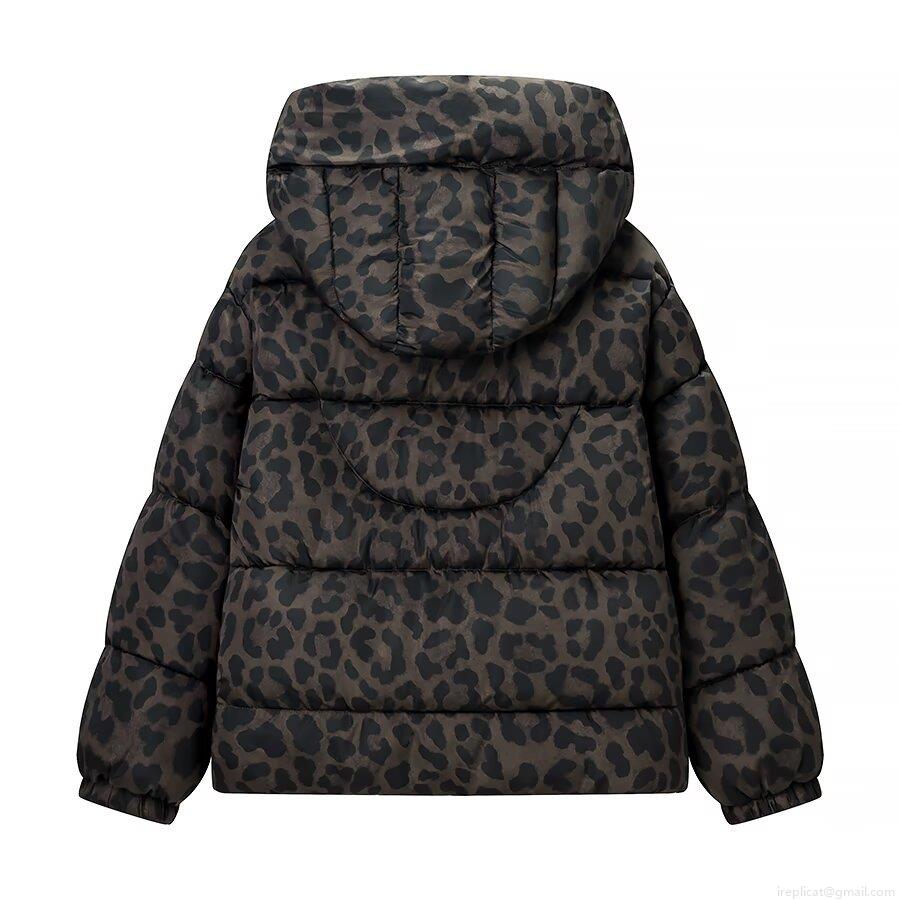 Women's Casual Leopard Print Hooded Padded Jacket Loose Winter Warm Polyester Coat With Pockets Long Sleeve Outerwear High Quality Warmth