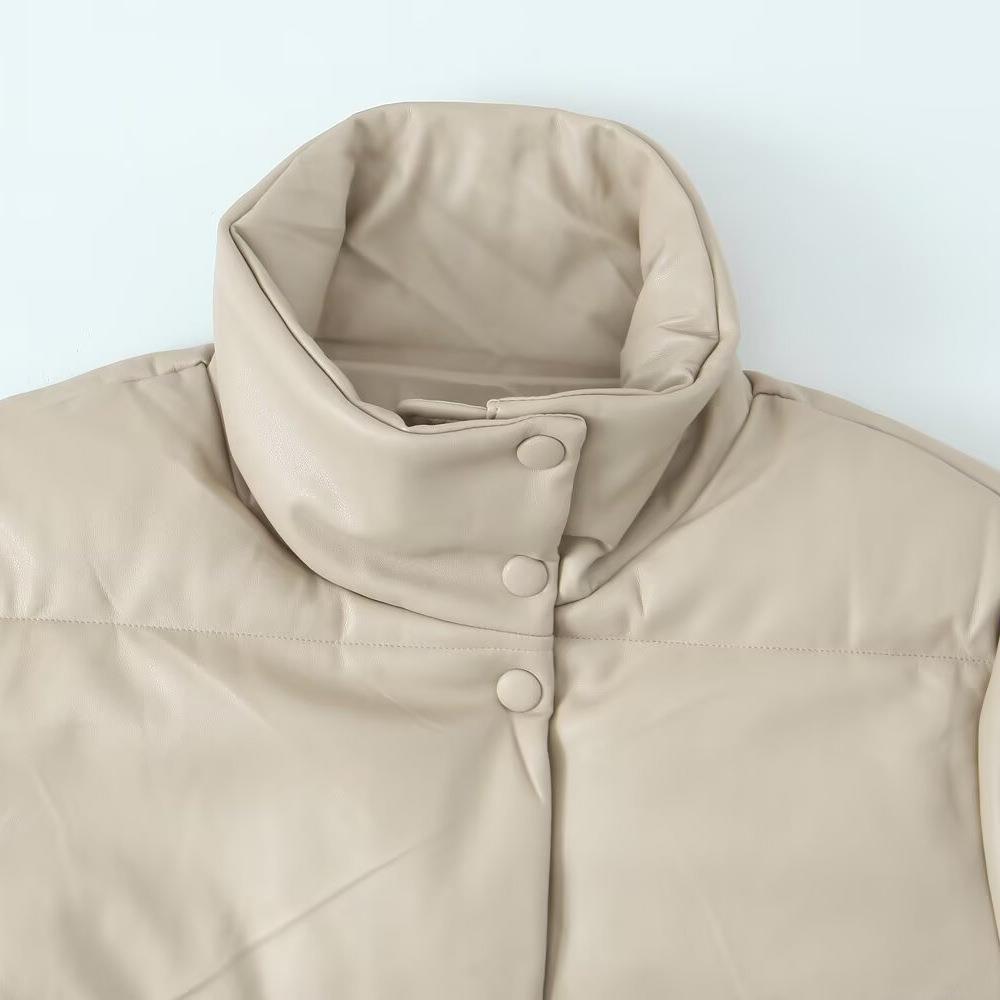 Women's PU Leather Quilted Puffer Jacket Minimalist Loose Stand Collar Cotton Padded Coat Winter Warm Outerwear Casual Streetwear