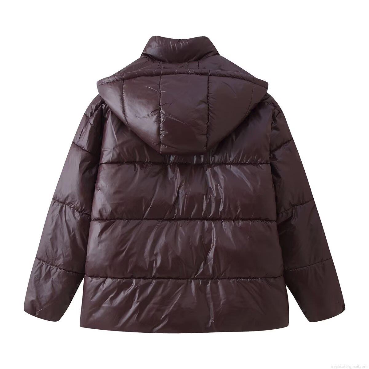 Women's Fashion Shiny Hooded Puffer Jacket Short Quilted Padded Winter Coat Reddish Brown Casual Outdoor Streetwear Warm Outerwear