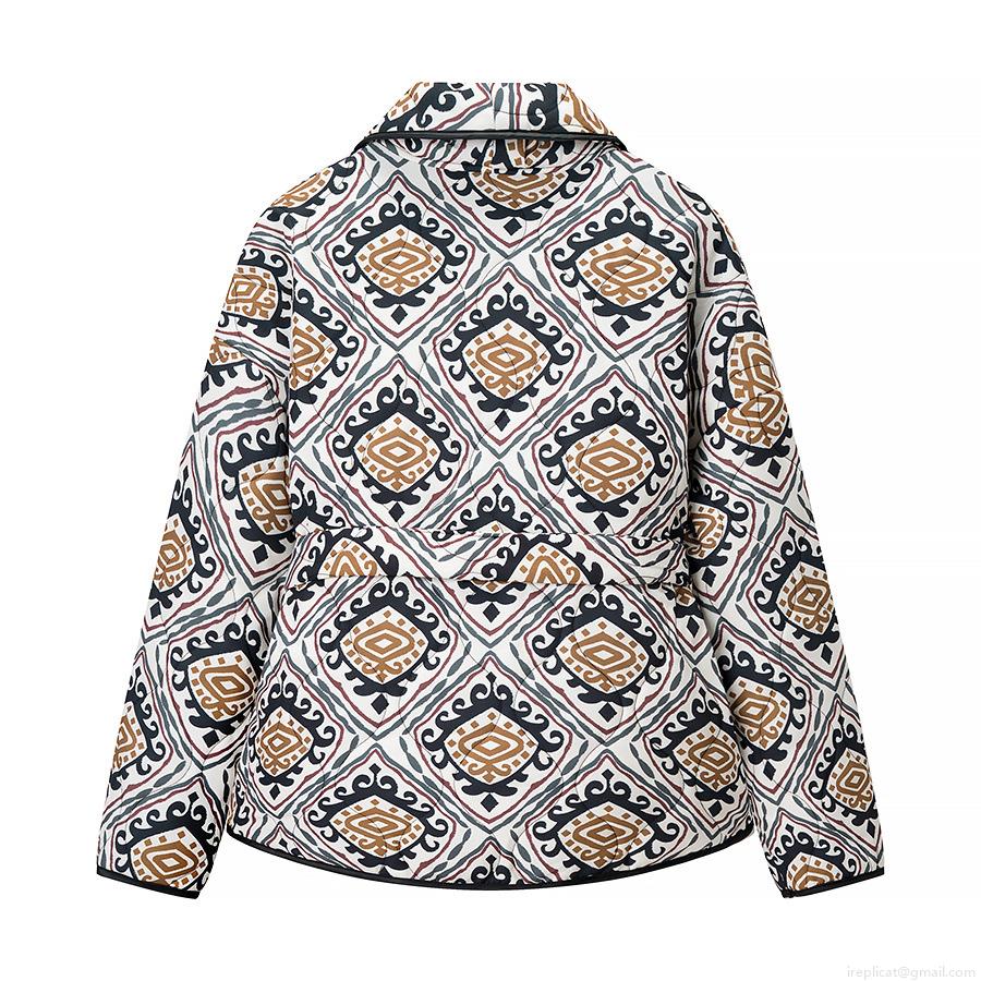 Women's Ethnic Geometric Print Quilted Jacket Warm Padded Cotton Puffer Coat With Belt V-Neck Casual Autumn Winter Outerwear