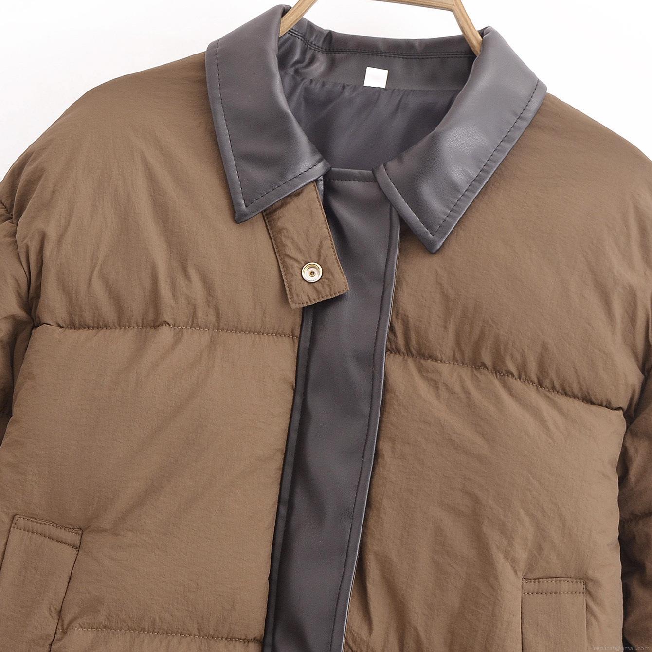 Women's Casual Warm Puffer Coat With PU Leather Lapel Collar Solid Color Long Sleeve Quilted Jacket For Winter Autumn Daily Wear
