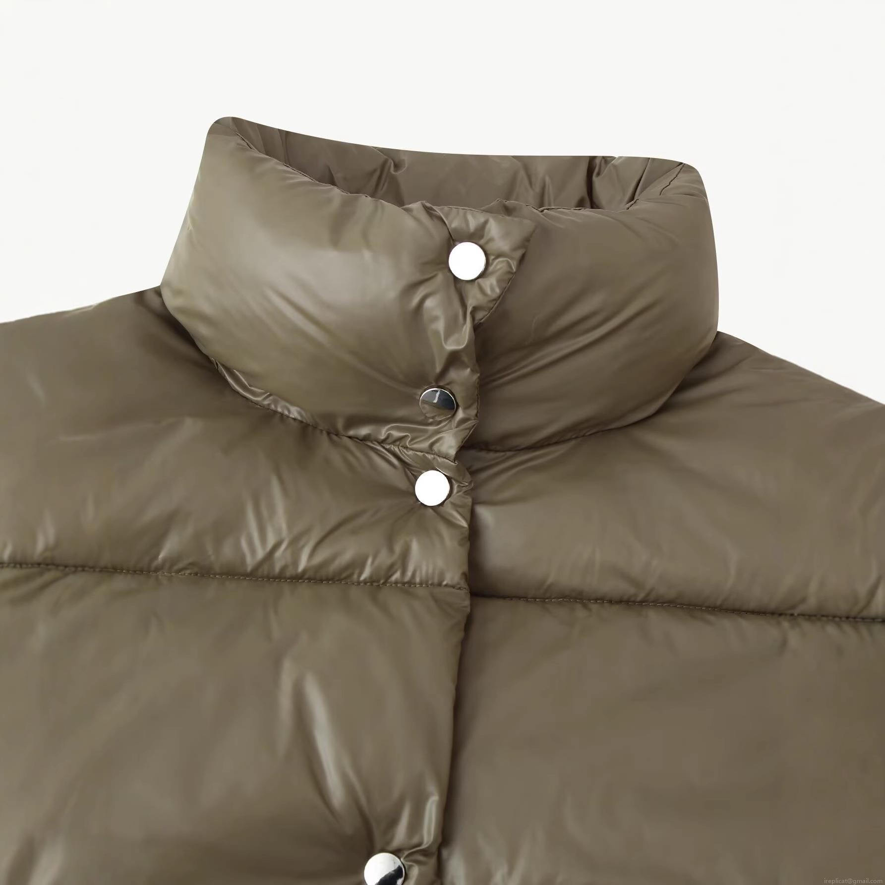 Women Fashion Short Puffer Jacket Solid Olive Green Cotton Padded Coat With Metal Buttons Stand Collar Retro Style Winter Warm Windproof Outerwear