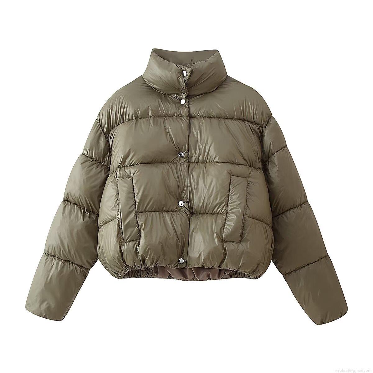 Women Fashion Short Puffer Jacket Solid Olive Green Cotton Padded Coat With Metal Buttons Stand Collar Retro Style Winter Warm Windproof Outerwear
