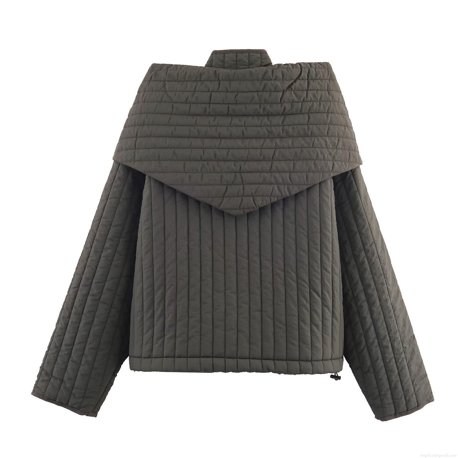 Women's Quilted Puffer Jacket With Detachable Scarf Polyester Synthetic Silk Fill Warm Padded Coat Loose Fit Hooded Outerwear For Fall Winter Ladies Fashion Casual Jacket