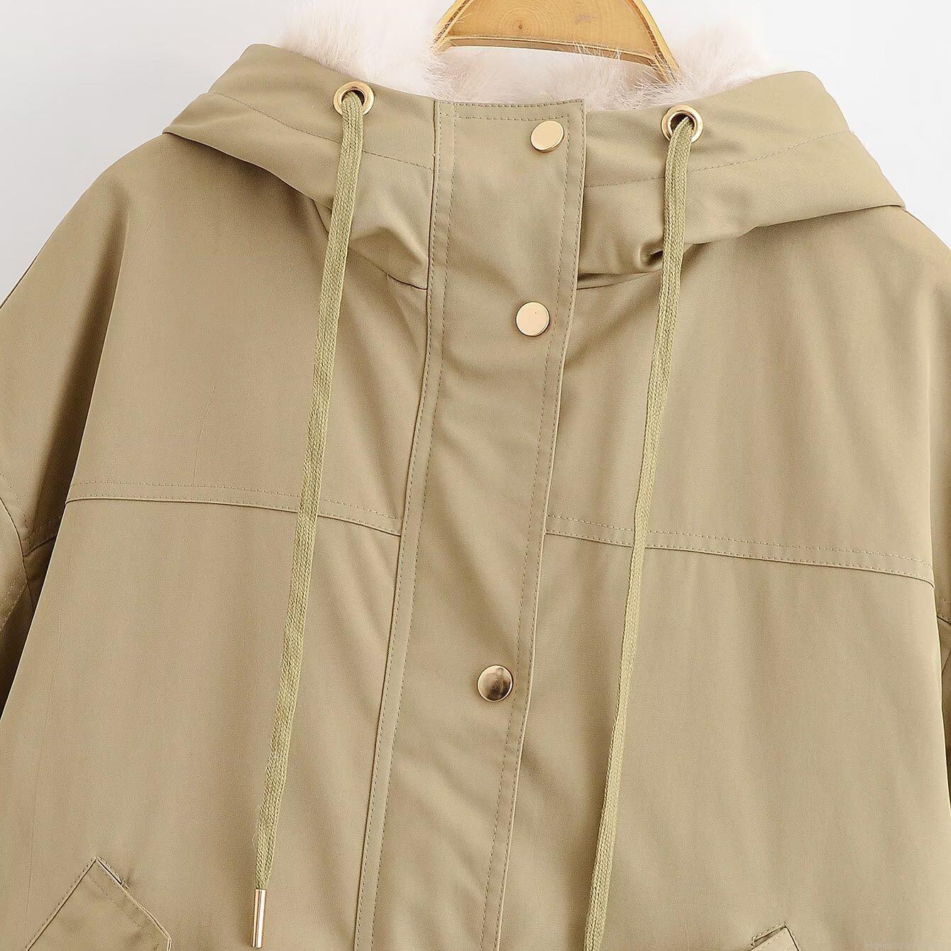Women's Casual Hooded Parka Jacket With Faux Fur Collar Warm Polyester Padded Coat For Winter Autumn Outdoor Khaki Zip Up Windproof Outerwear