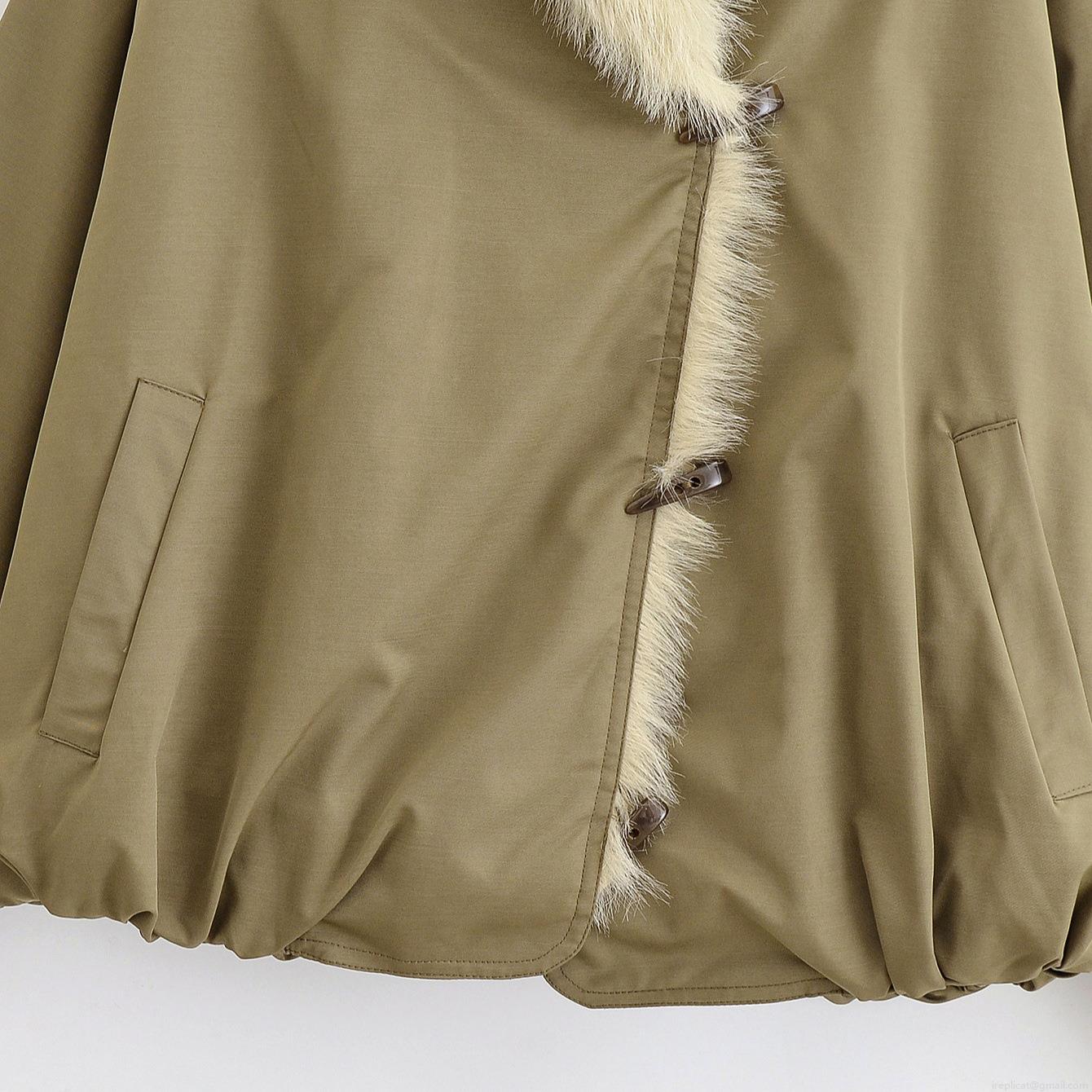 Women Casual Cotton-Padded Jacket With Faux Fur Collar Ox Horn Toggle Buttons Warm Winter Loose 100% Polyester Outerwear Coat For Ladies