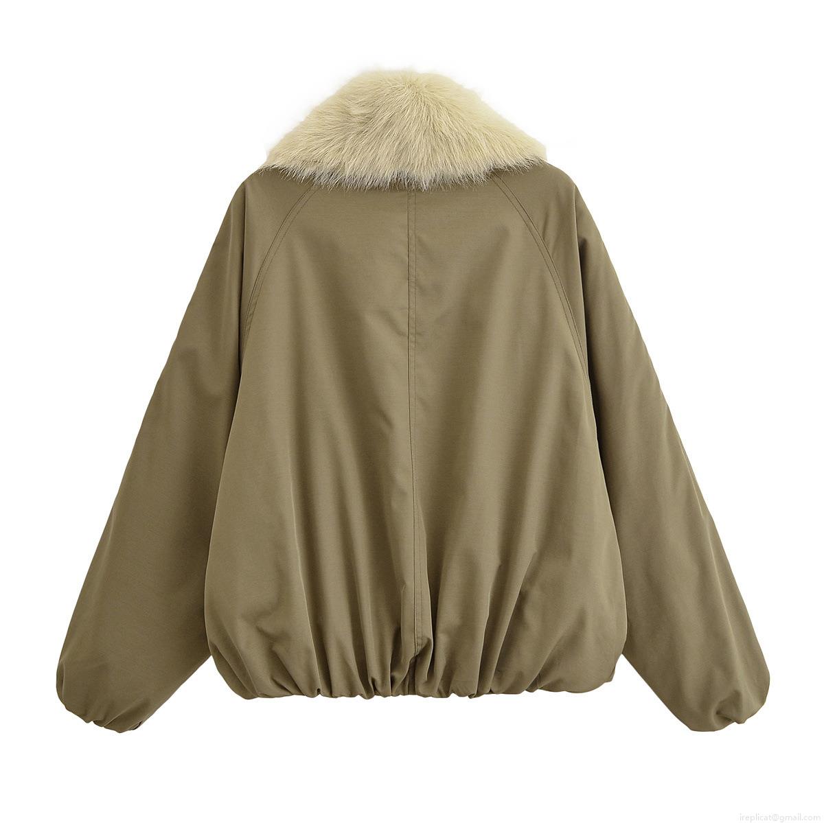 Women Casual Cotton-Padded Jacket With Faux Fur Collar Ox Horn Toggle Buttons Warm Winter Loose 100% Polyester Outerwear Coat For Ladies
