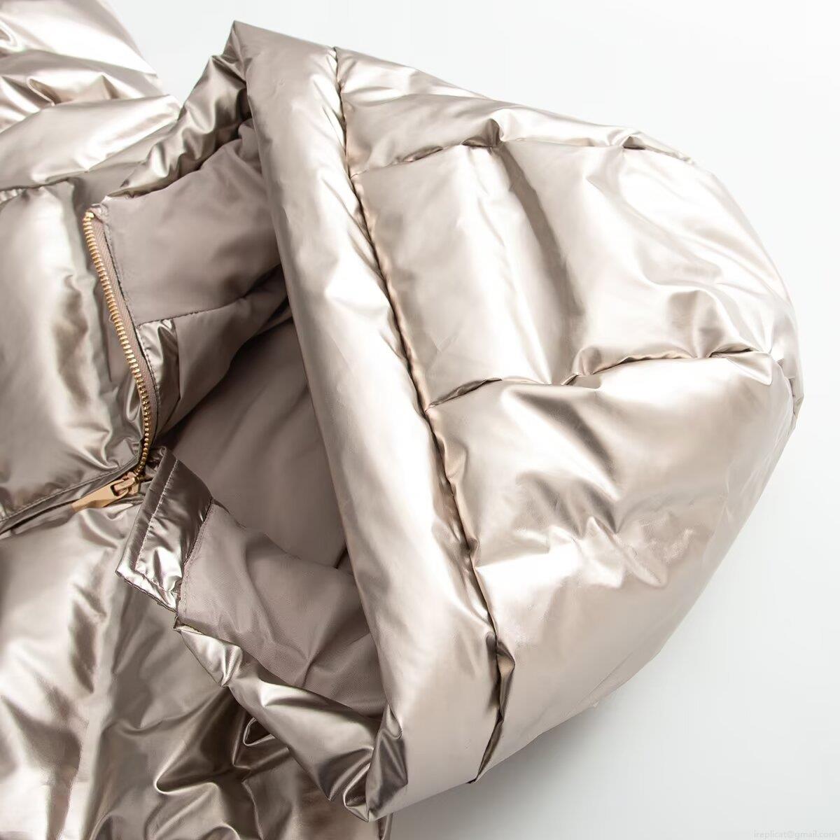 Women Metallic Shiny Hooded Padded Jacket Short Slim Fit Windproof Quilted Cotton Coat For Winter Casual Warm Outerwear Silver Gold