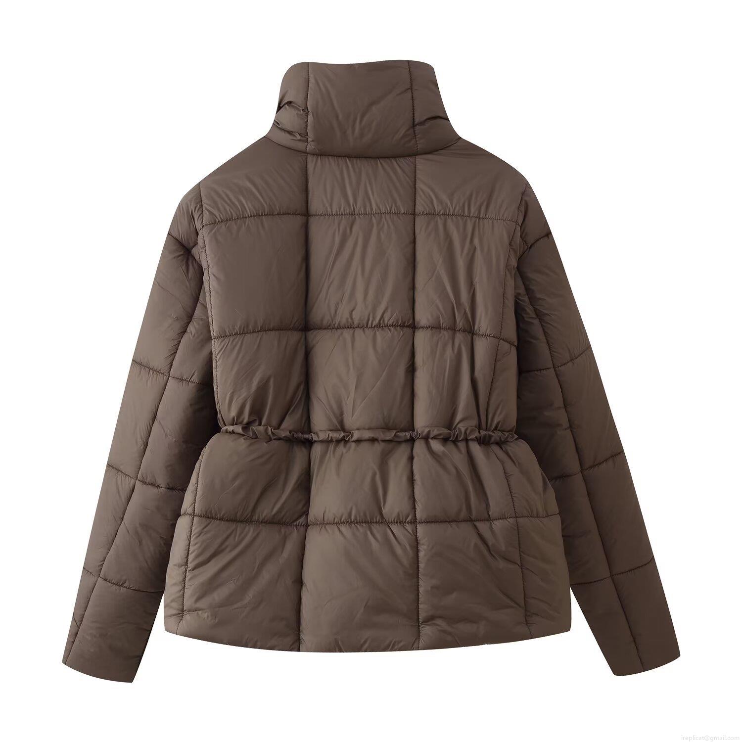 Women's Fashion Short Quilted Cotton Padded Jacket Retro Stand Collar Drawstring Waist Warm Puffer Coat Thick Winter Outerwear Casual Solid Color Top