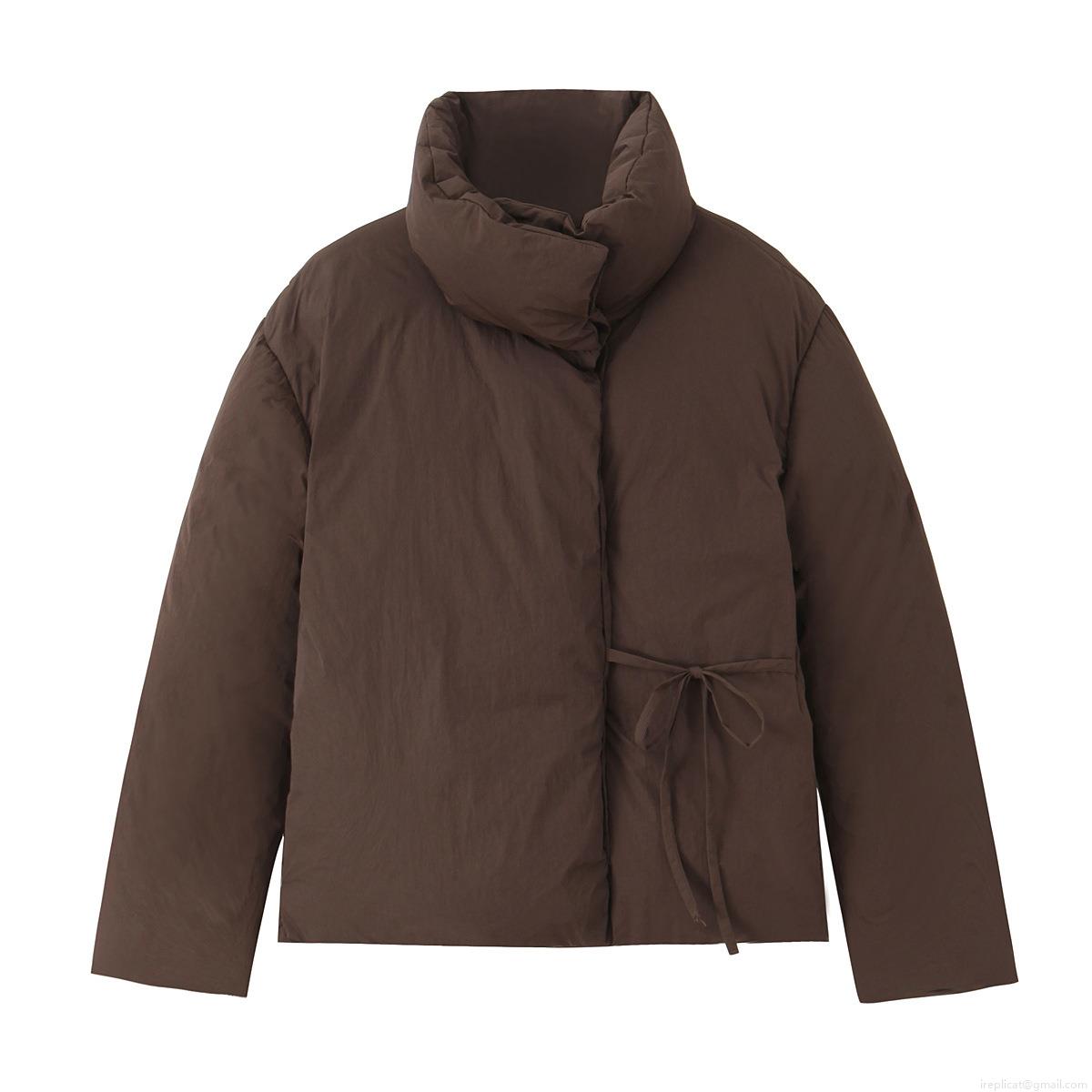 Women's Short Puffer Jacket Thick Polyester Quilted Coat With Stand Collar Side Bow Ties Loose Casual Winter Outerwear For Women