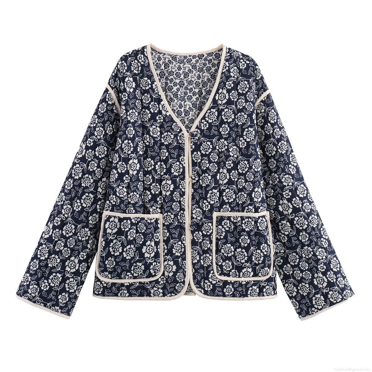 Women's Vintage Floral Quilted Padded Jacket Ethnic V-Neck Single-Breasted Cotton Blend Loose Warm Outwear For Autumn Winter