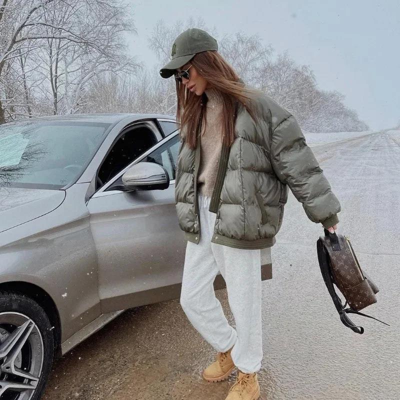 Women's Winter Short Puffer Jacket Loose Quilted Cotton Padded Coat With Pockets Stand Collar Warm Outerwear For Casual Daily Wear Olive Green