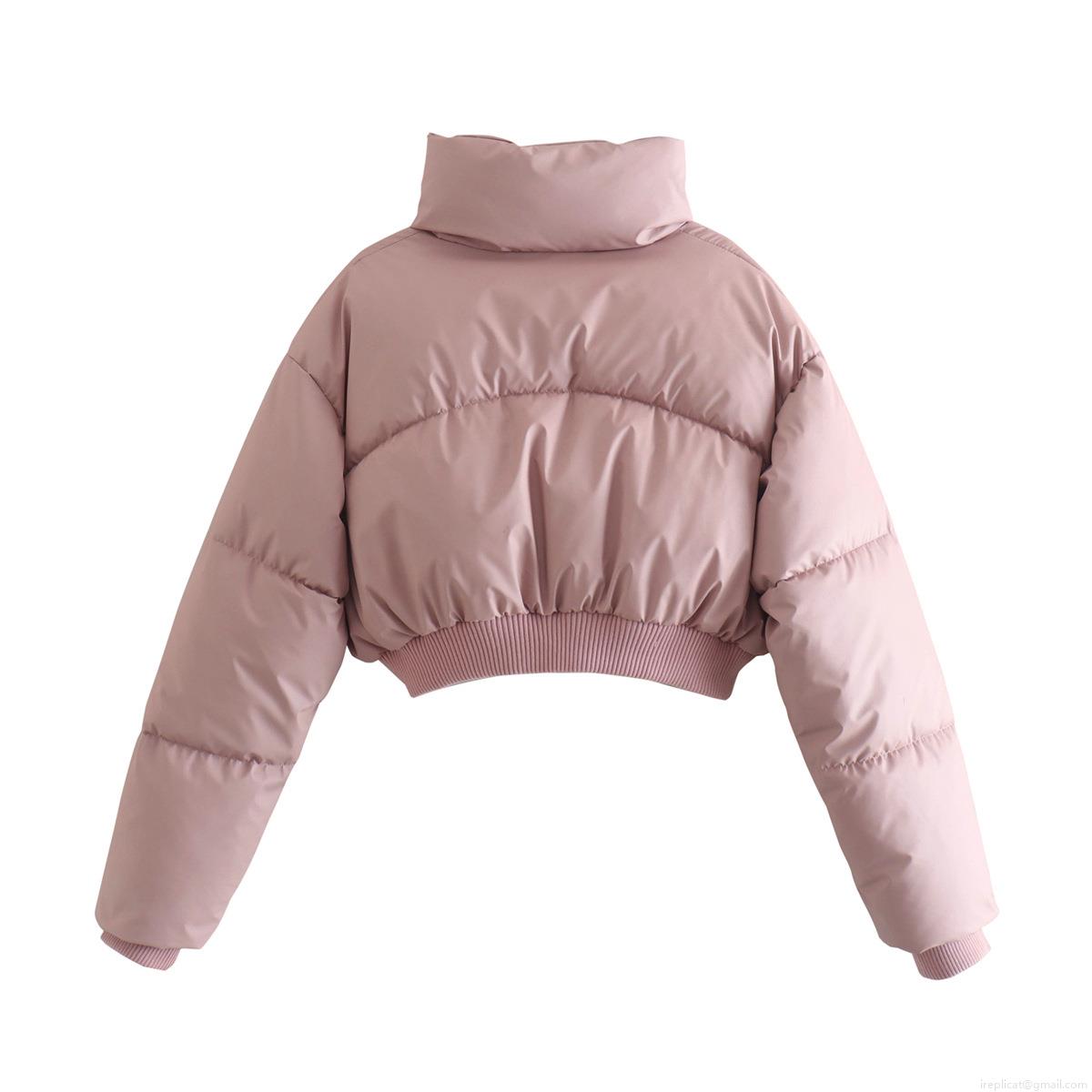 Women Fashion Short Puffer Jacket Stand Collar Long Sleeve Quilted Padded Coat Warm Zip Up Winter Outerwear Casual Pink Bubble Jacket