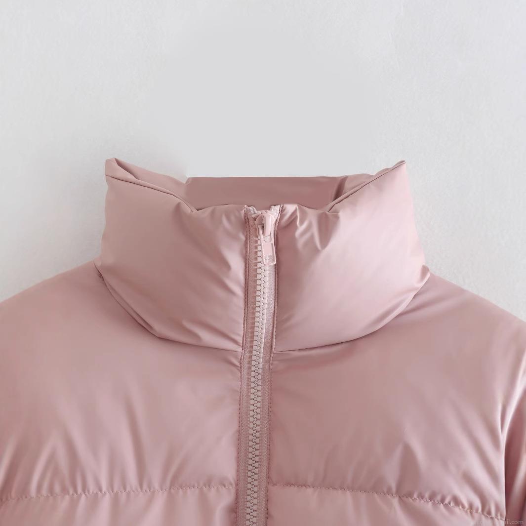 Women Fashion Short Puffer Jacket Stand Collar Long Sleeve Quilted Padded Coat Warm Zip Up Winter Outerwear Casual Pink Bubble Jacket