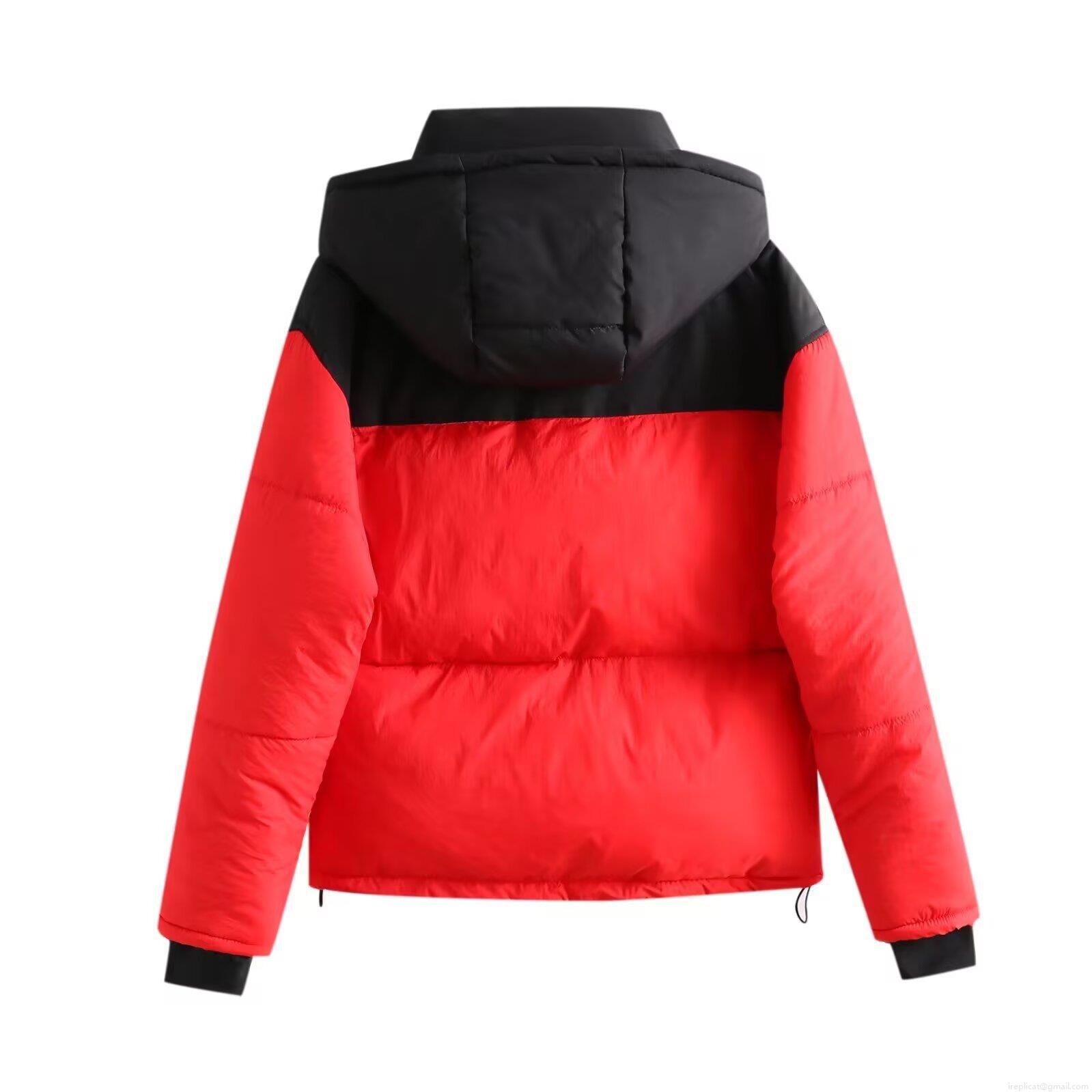 Women's Hooded Puffer Jacket Vintage Ethnic Red Black Patchwork Quilted Padded Coat 100% Polyester Warm Winter Outerwear For Women
