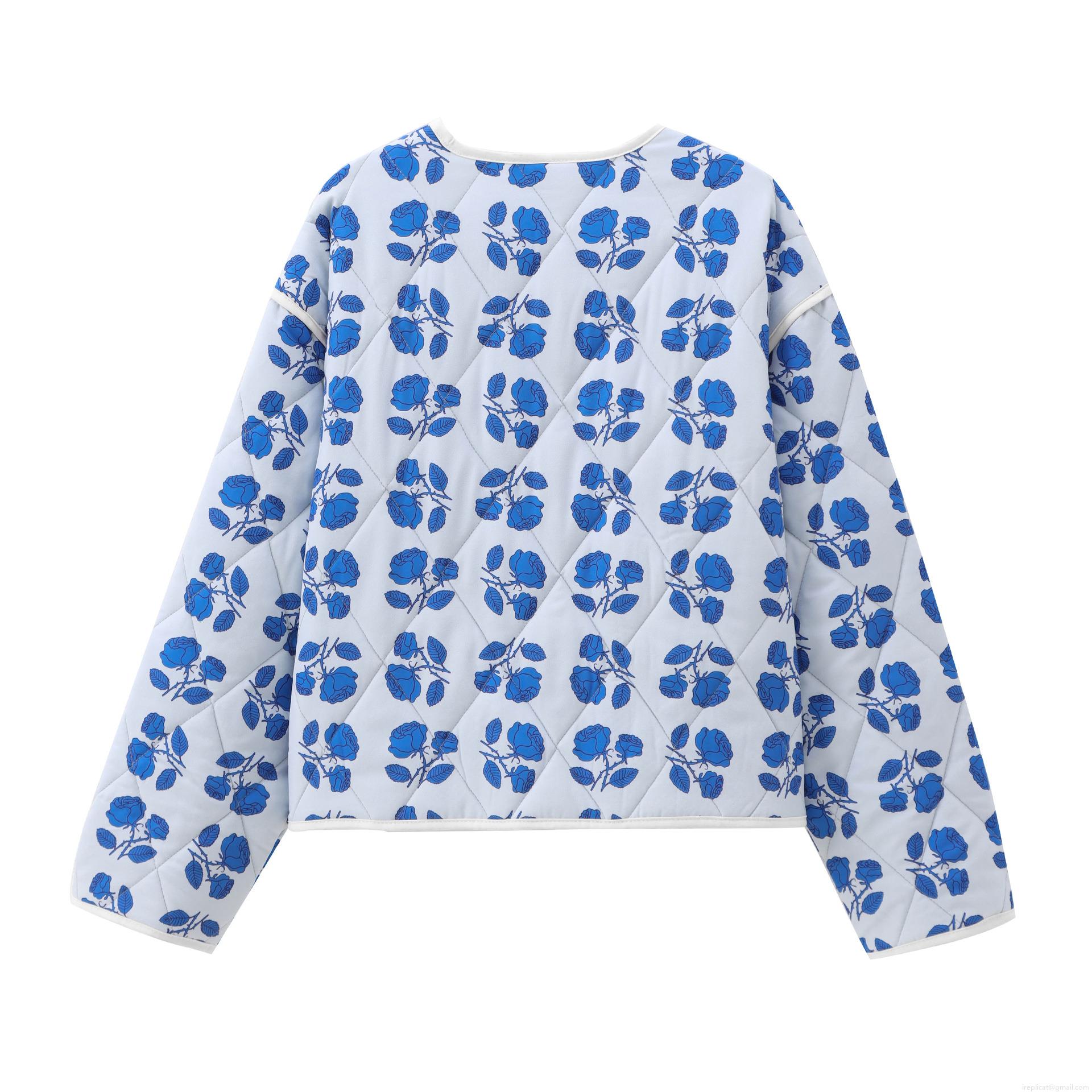 Women's Vintage Quilted Padded Jacket Floral Print Round Neck Long Sleeve Short Coat Autumn Winter Warm Outwear With White Buttons For Women
