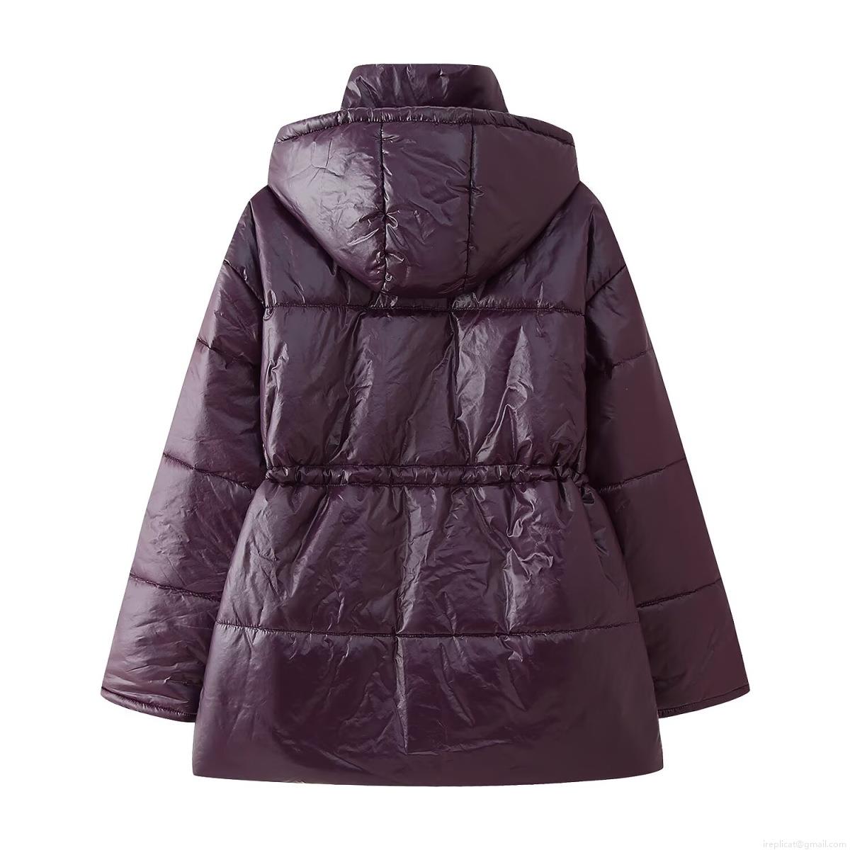 Women's Hooded Shiny Cotton Padded Jacket Casual Waist Cinch Drawstring Winter Warm Puffer Coat With Pockets For Outdoor Daily Women Clothing