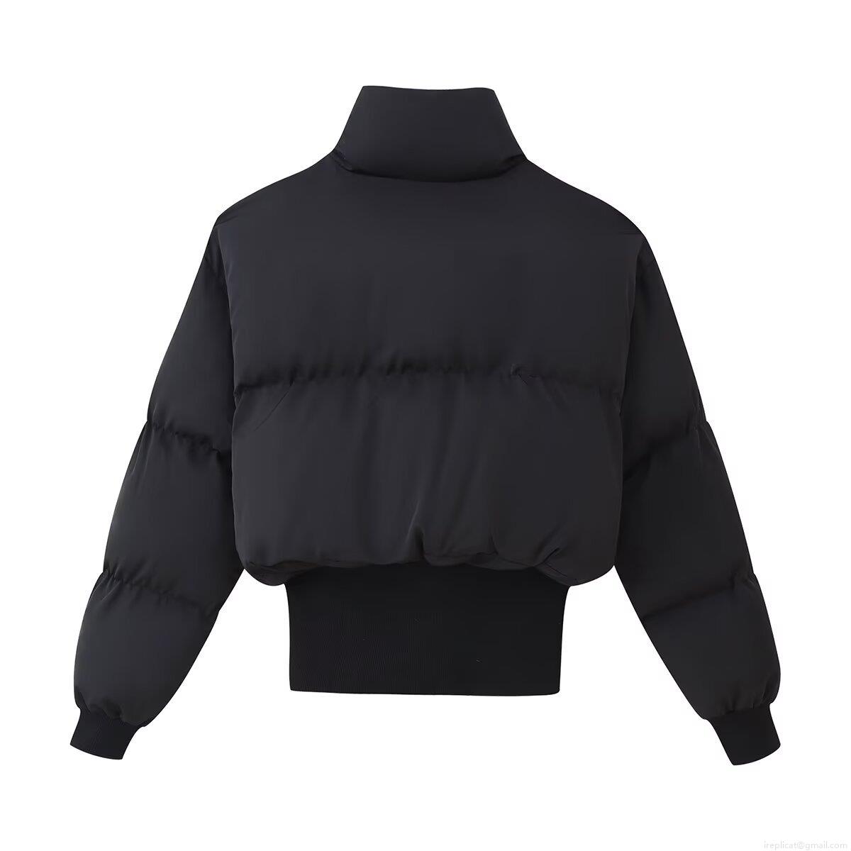 Women's Casual Short Puffer Jacket Cotton Blend Stand Collar Zipper Quilted Coat For Winter Autumn Solid Black Warm Outerwear