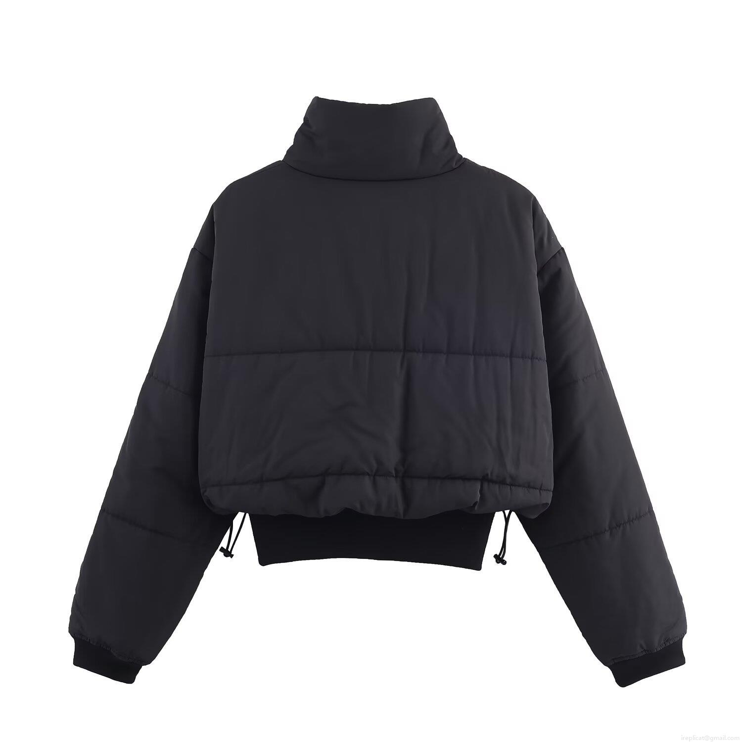 Women's Solid Black Cropped Puffer Jacket Stand Collar Quilted Cotton Padded Coat With Drawstring Hem Zipper Closure Winter Warm Outerwear For Women