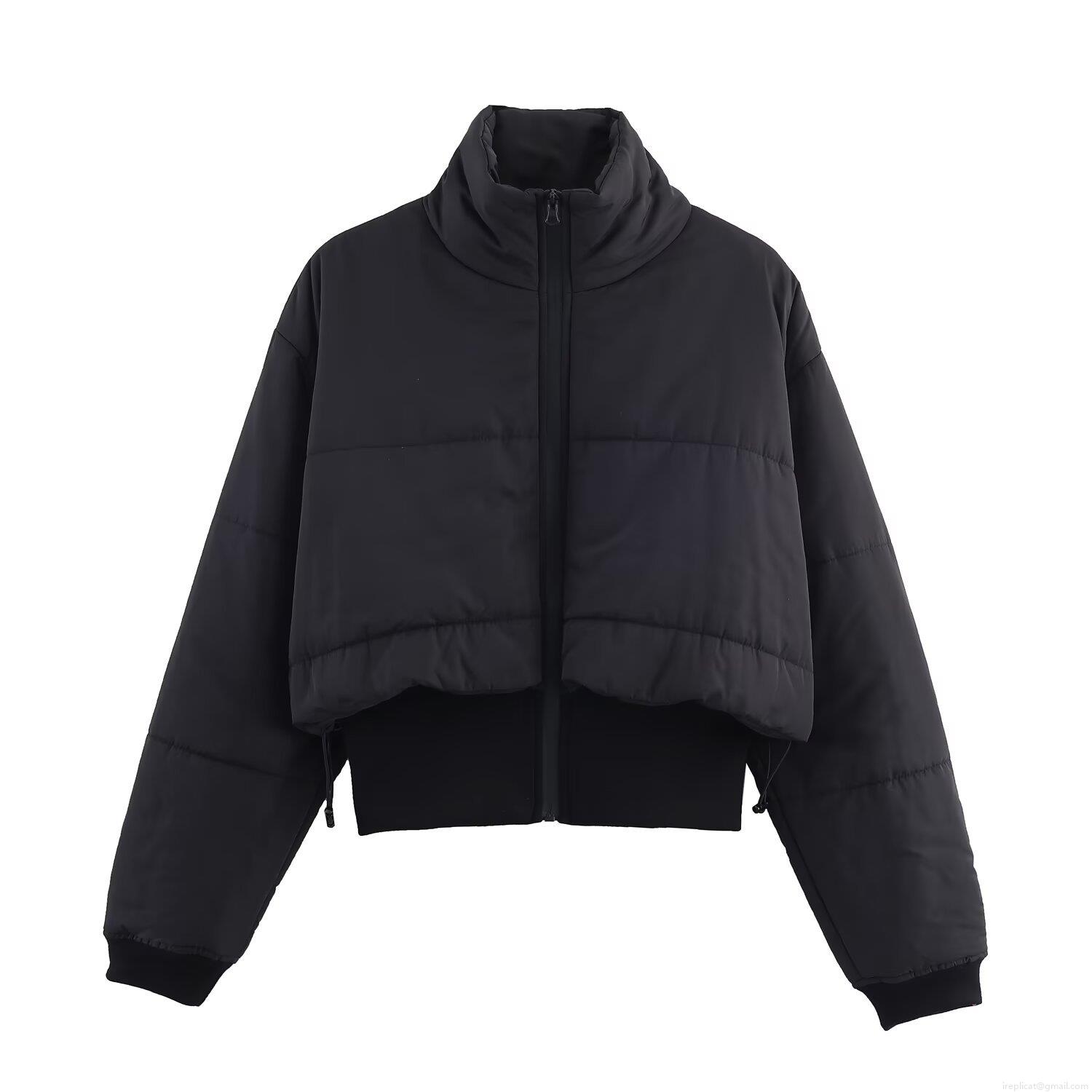 Women's Solid Black Cropped Puffer Jacket Stand Collar Quilted Cotton Padded Coat With Drawstring Hem Zipper Closure Winter Warm Outerwear For Women