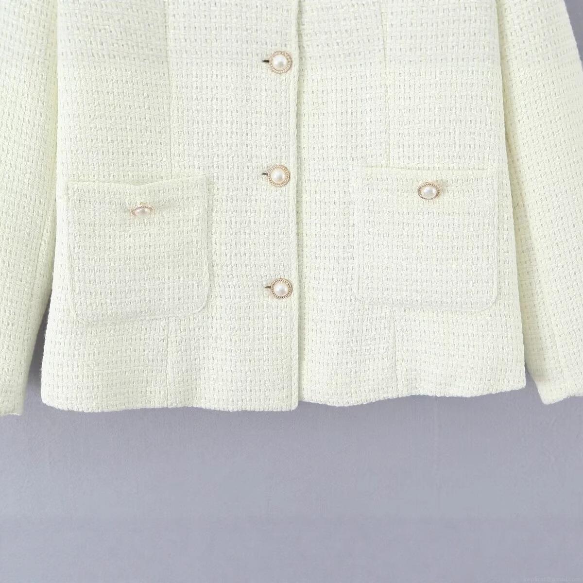 Women's Elegant Tweed Padded Jacket Vintage Round Neck Single Breasted Coat With Pearl Buttons Warm Woven Outerwear For Daily Date Lady