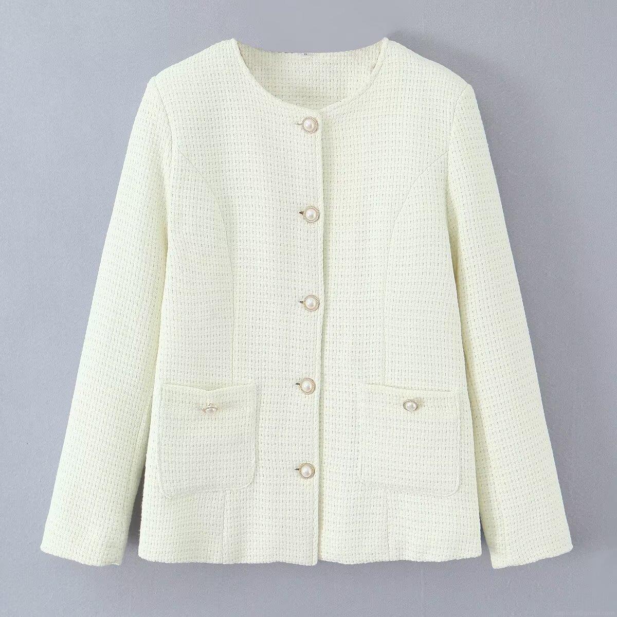 Women's Elegant Tweed Padded Jacket Vintage Round Neck Single Breasted Coat With Pearl Buttons Warm Woven Outerwear For Daily Date Lady