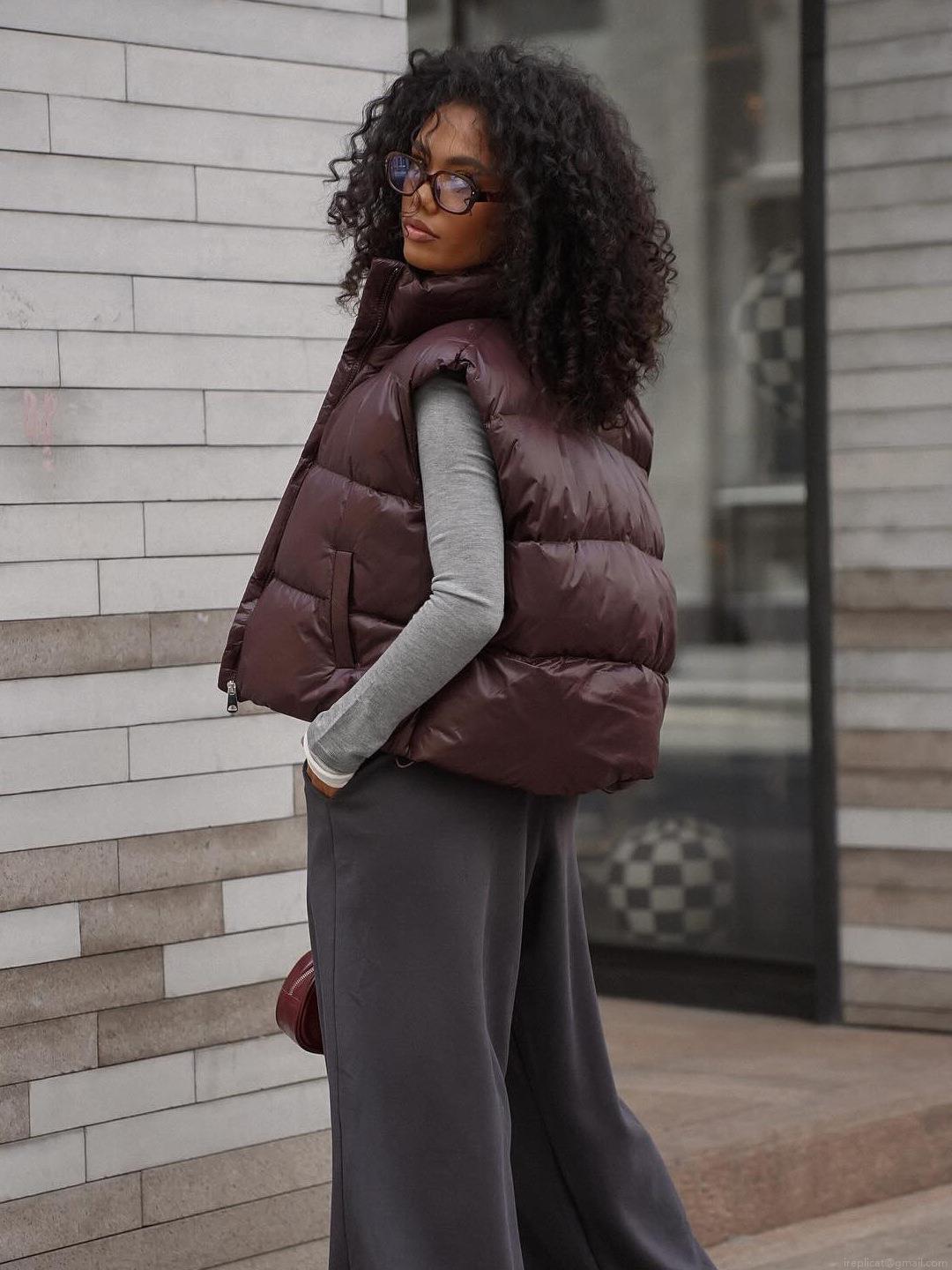 Women's Loose High Collar Padded Vest Solid Color Polyester Cotton Quilted Sleeveless Puffer Jacket Warm Autumn Winter Outerwear Waistcoat