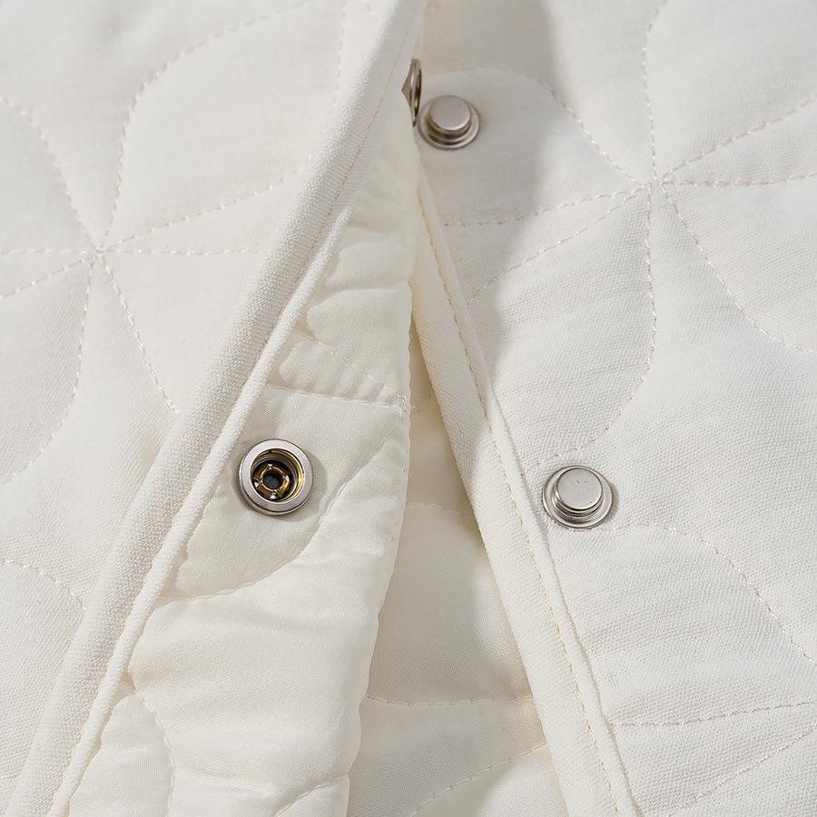 Women Round Neck Quilted Jacket Floral Geometric Pattern Lightweight Padded Coat With Metal Snap Buttons Long Sleeve 100% Polyester Outerwear For Autumn Winter