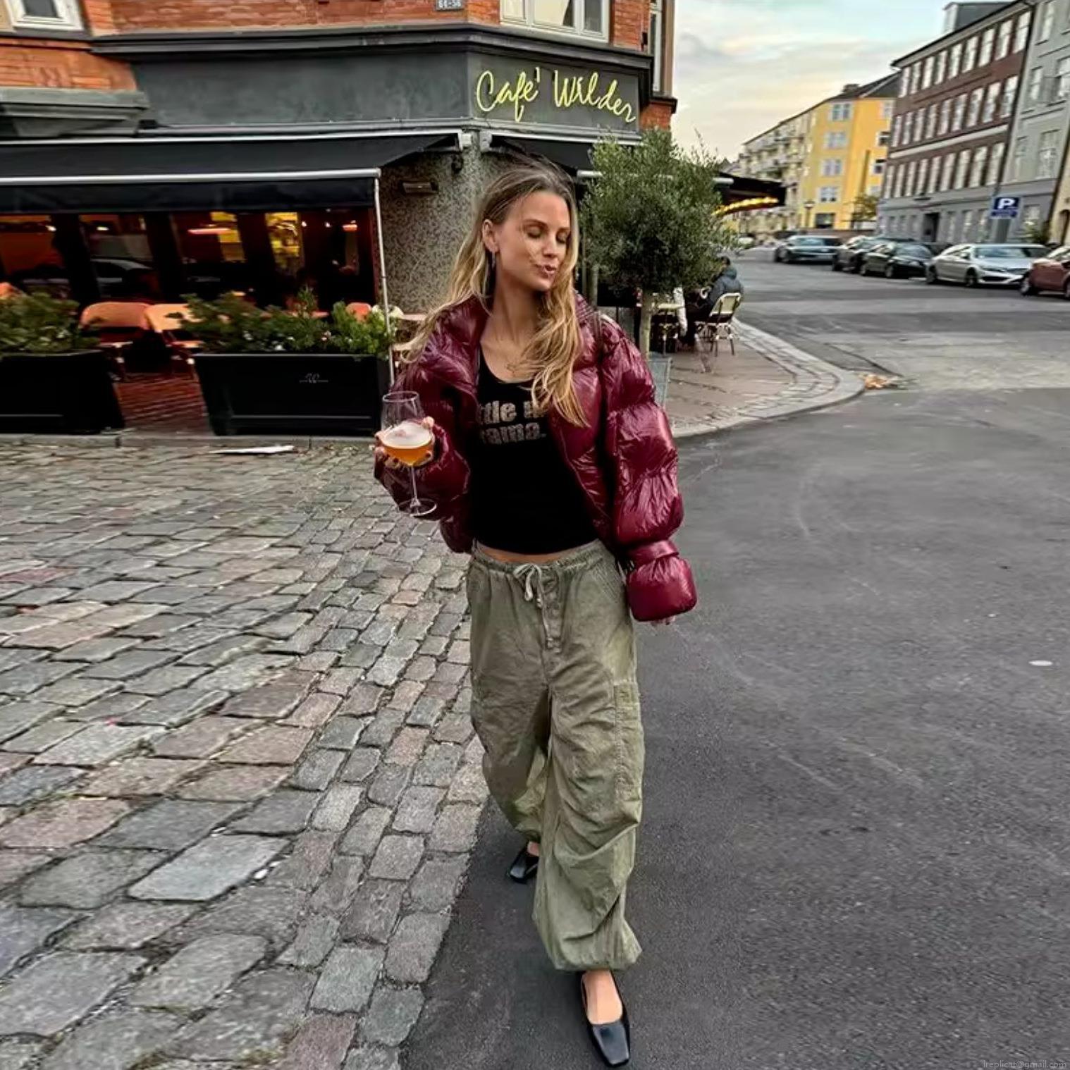 Women's Glossy Puffer Jacket Short Warm Cotton Padded Stand Collar Bread Coat Solid Color Streetwear Outerwear For Autumn Winter