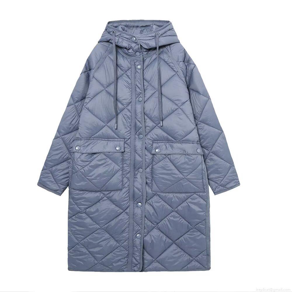 Women's Hooded Long Sleeved Diamond Lattice Quilted Long Cotton Jacket Winter Warm Windproof Puffer Coat For Daily Casual Street Style Outerwear