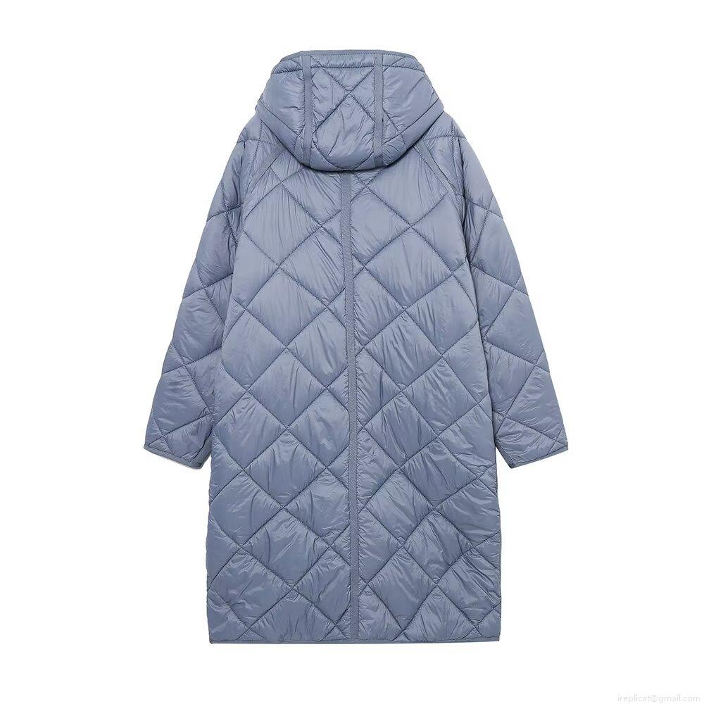 Women's Hooded Long Sleeved Diamond Lattice Quilted Long Cotton Jacket Winter Warm Windproof Puffer Coat For Daily Casual Street Style Outerwear