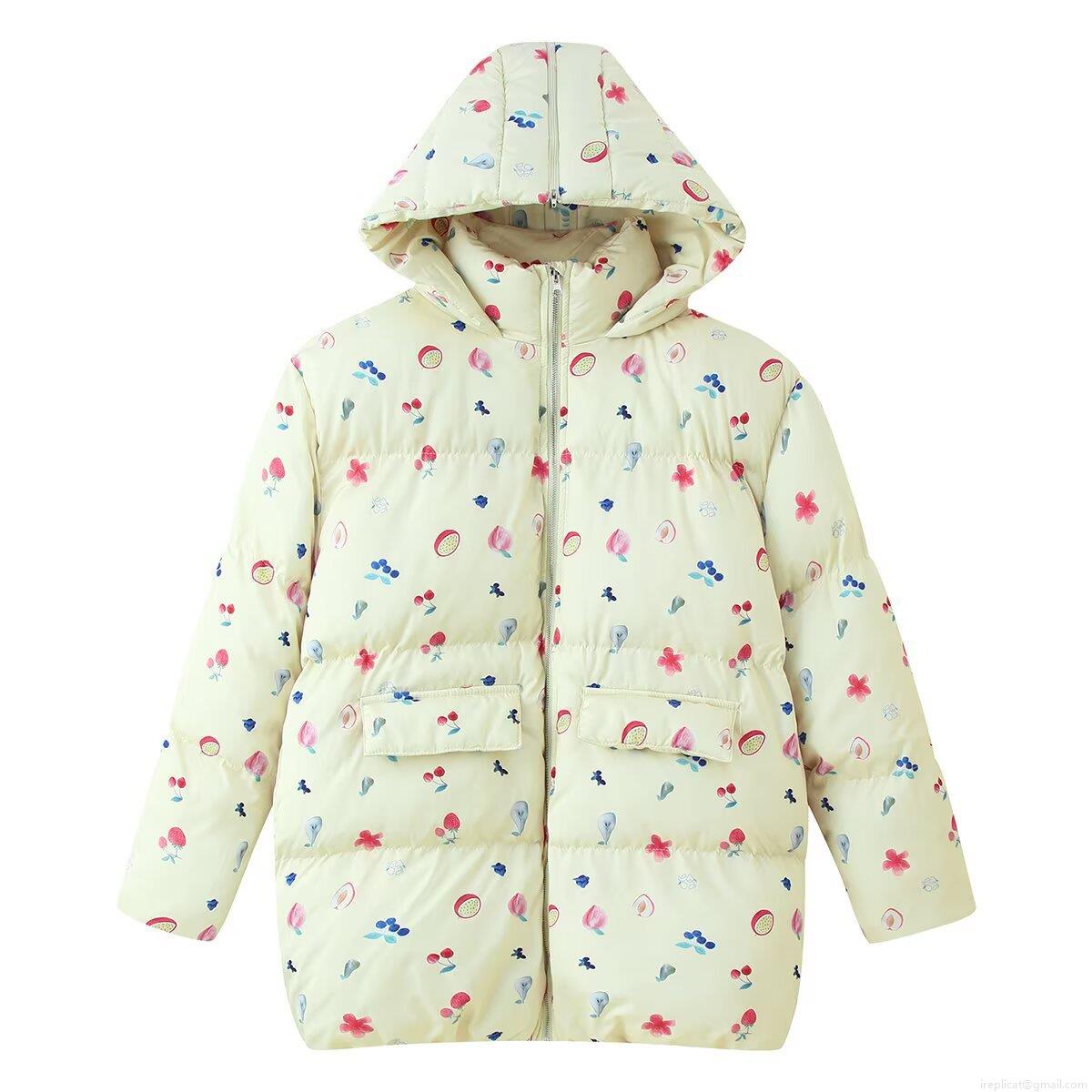 Women's Oversized Floral Printed Hooded Padded Jacket Long Sleeve Strawberry Ballet Print Casual Windproof Polyester Cotton Coat with Pockets