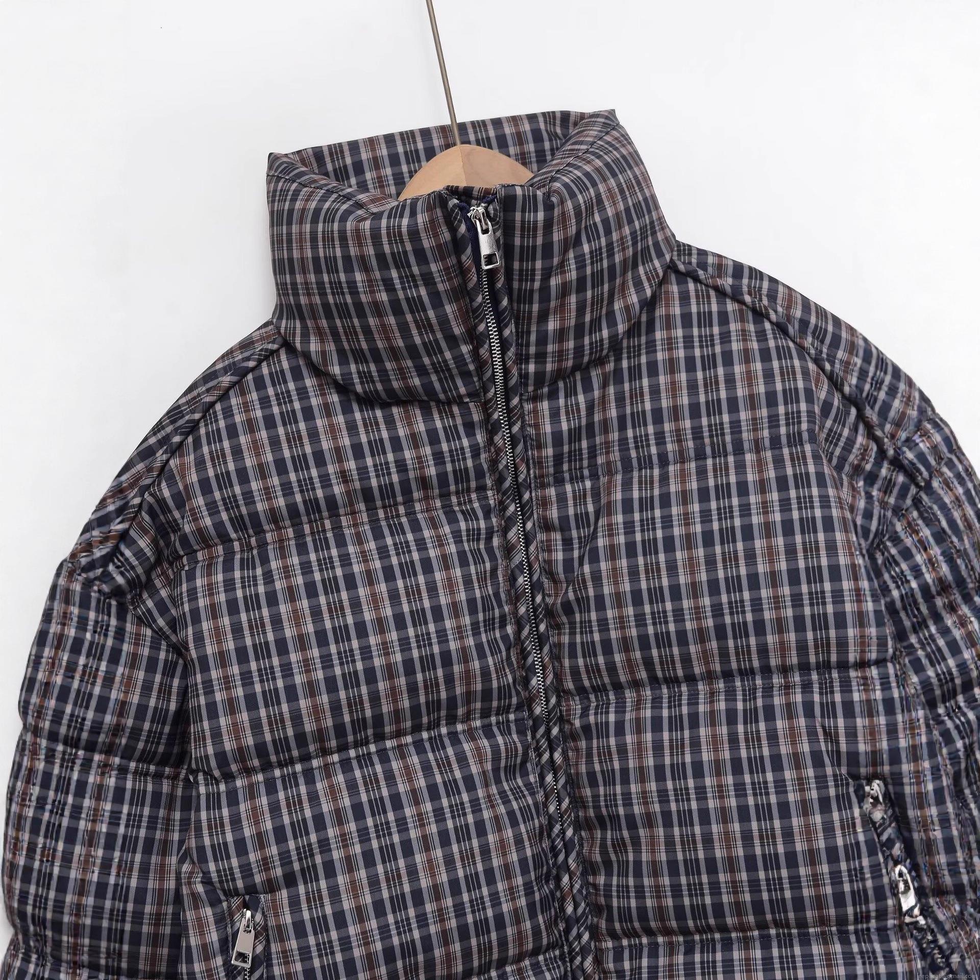 Women's Plaid Padded Jacket Vintage Grey Blue Checked Quilted Coat With Stand Collar Drawstring Hem Long Sleeve Winter Warm Outerwear For Women Streetwear